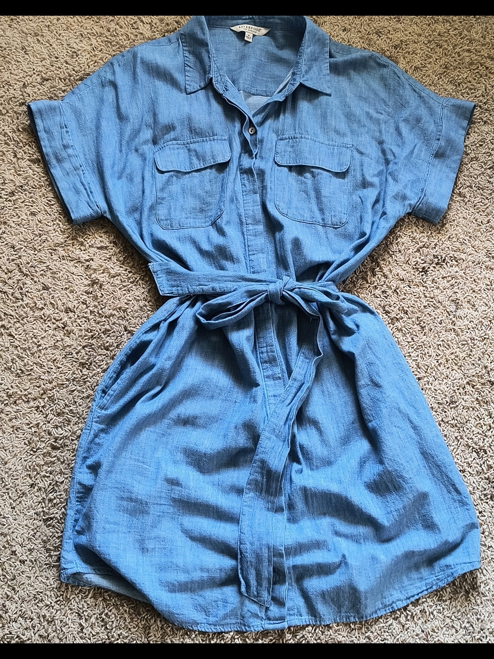 Liverpool Light Blue Chambray Midi Shirt Dress with Tie Waist